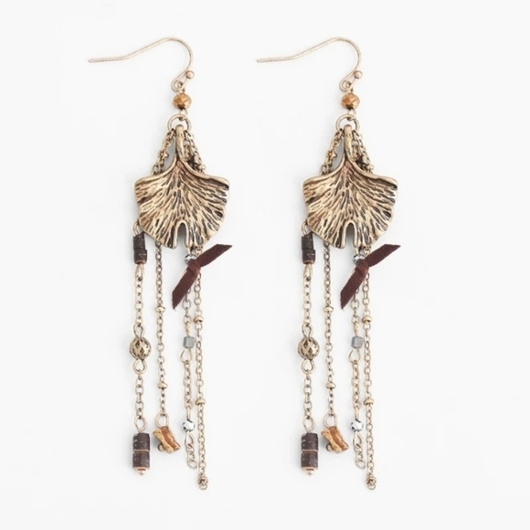 Gingko Leaf Dangle Earrings Jasper Stone - Picture 4 of 5
